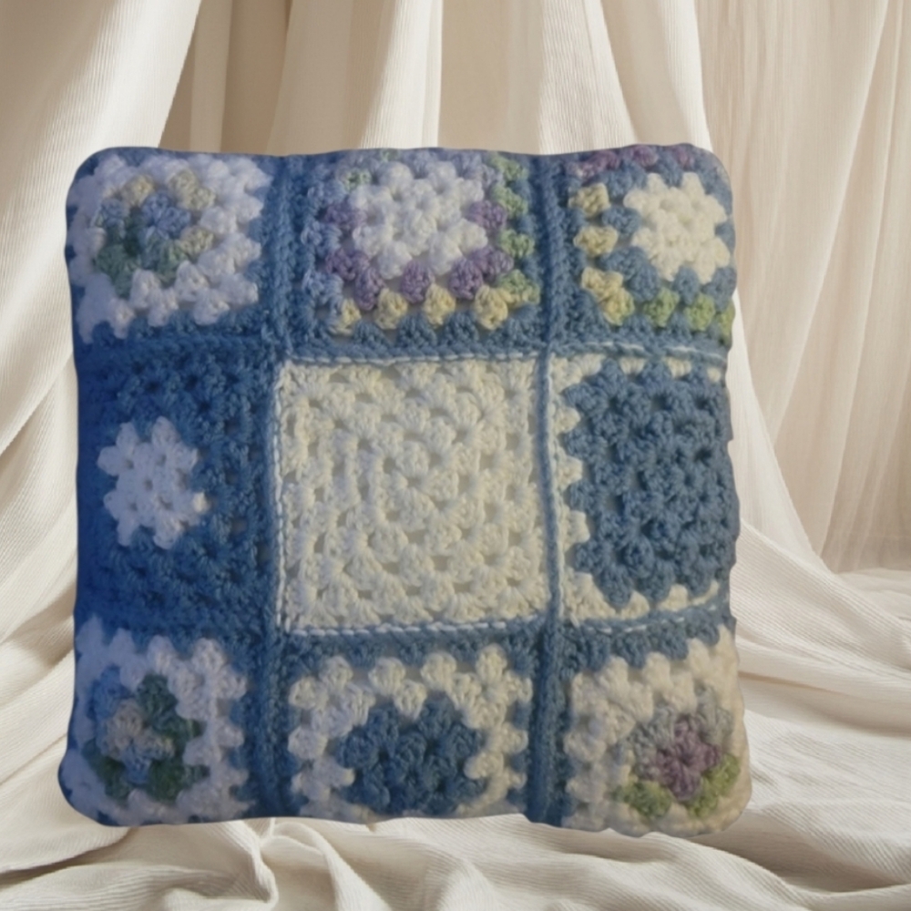 Crocheted Classic Granny‎ Square Pillow Multi Colors Decor Retro Cozy 13.5" Sq.